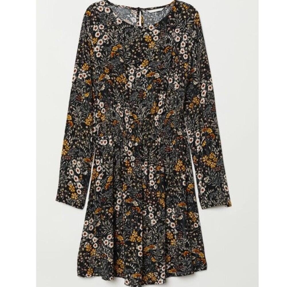 H&M Black Floral Smocked Waist Keyhole Back Womens Knee Length Black Dress 4
